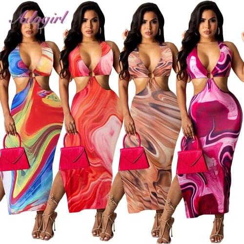 Elegant Floral Print Halter V Neck Cut Out Beach Summer Maxi Dress Women Sexy Backless High Split Party Club Long Dress Vestidos