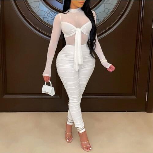 Women Sexy See-through Mesh Insert Jumpsuits Fashion Long Sleeve Ruched Skinny Pants Overalls