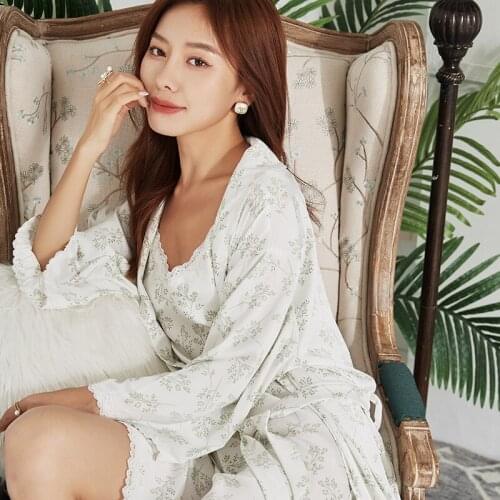 Green Women 2PCS Rayon Robe Gown Sets Sexy V-Neck Nightgown Bathrobe Sleepwear Strap Top Nightdress Spring New Loose Nightwear