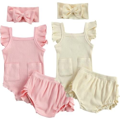 Baby Girls Three-piece Clothes Set, Solid Color Fly Sleeves Square Collar Romper, Shorts and Headdress, Beige/ Pink