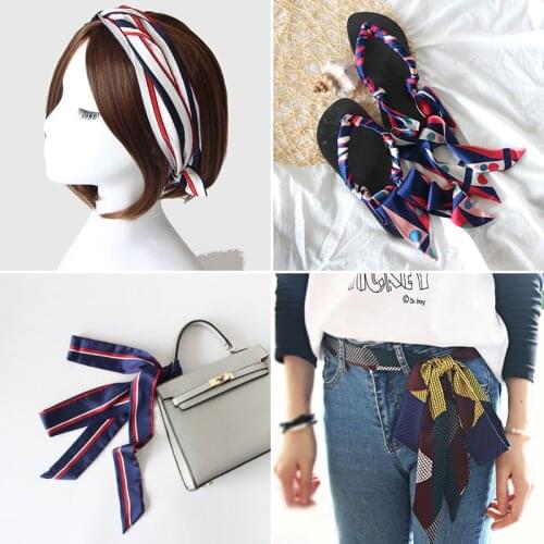 Korean Silk Scarf For Women Chain Printing Narrow Extra Small Long Scarves Ladies Bag Belt Hair Ribbon Skinny Scarf Neckerchief