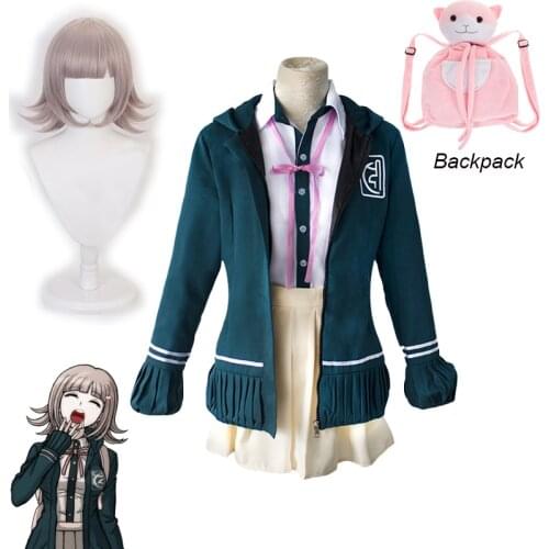 Nanami ChiaKi Cosplay Costume Danganronpa 2 Chiaki Nanami Wig and Cat Backpack Plush Toy Bag Halloween Womans Uniform Set