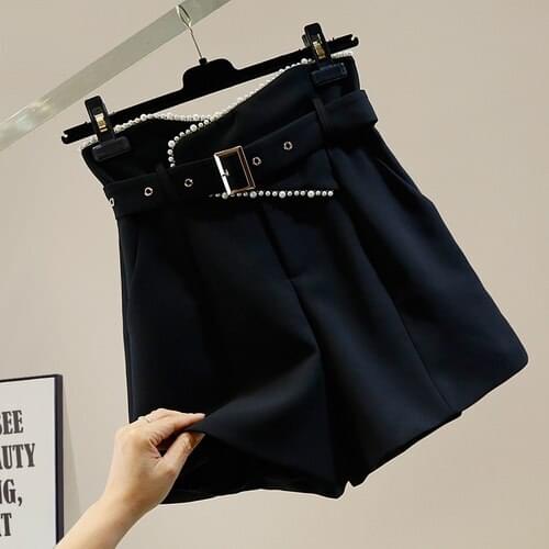 Summer Shorts Womens Heavy Industry Beads Irregular A- Line Wide Leg Suit Casual Short Office Lady High Waist Slimming