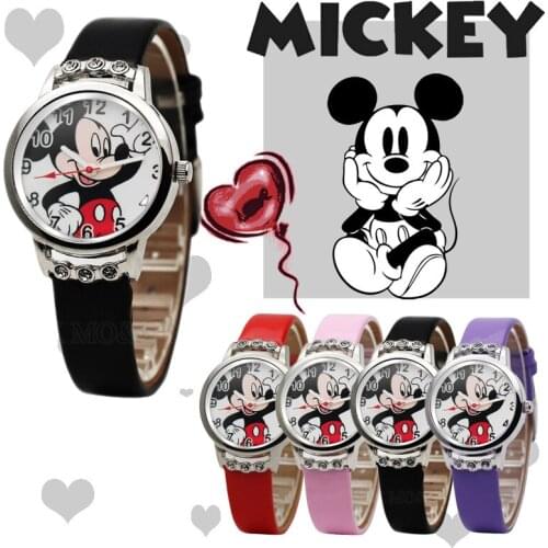 Sell like hot cakes Disney Mickey Mouse fashion Childrens diamond watch Leather casual quartz watch girl boy Student gift watch