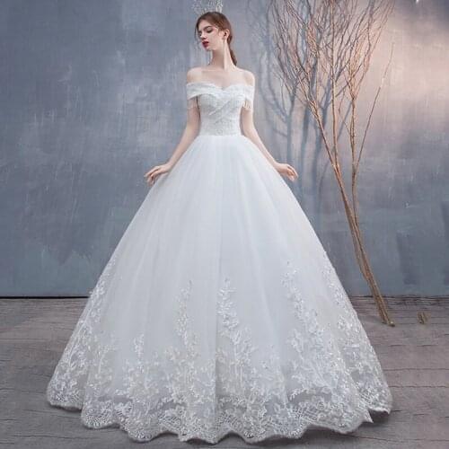 2020 New Elegant Boat Neck Wedding Dress Vestido De Noiva Lace Beaded Wedding Gowns Floor-length Lace Up Princess Bride Dress