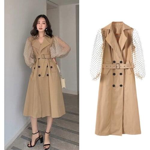 Fund autumn winters New gauze lantern sleeve splicing female G0797 paragraph dust coat grows in khaki coat