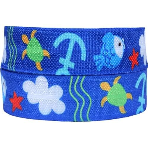 New arrival summer sailing style foe ribbon, 50 yards 5/8" anchor and fish printed fold over elastic