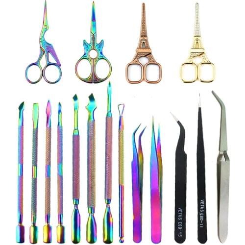 Stainless Steel Rainbow Pusher Scissor Black Eyelash Tweezers Cuticle UV Gel Remove Tools