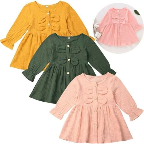 Girl Dress 2019 Toddler Kid Baby Girl Cotton Linen Solid Maxi Dress Long Sleeve Ruffle Dress Size 1-4Y