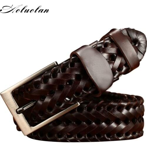 Aoluolan 3.8cm wide brown black high quality vintage handmade 100% cow genuine leather braid belt casual belt