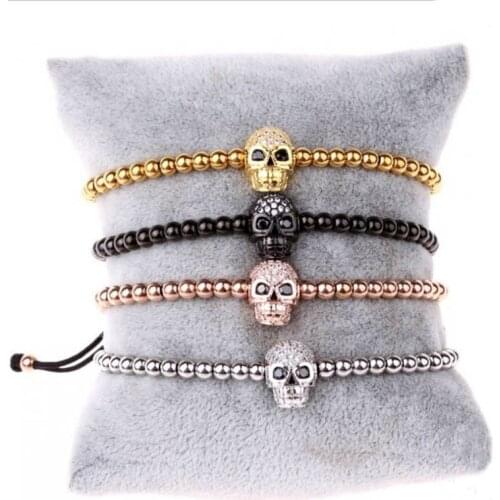 Simple design Gold Stainless Steel Beads CZ Pave Skull Charm Macrame Bracelet Men Women