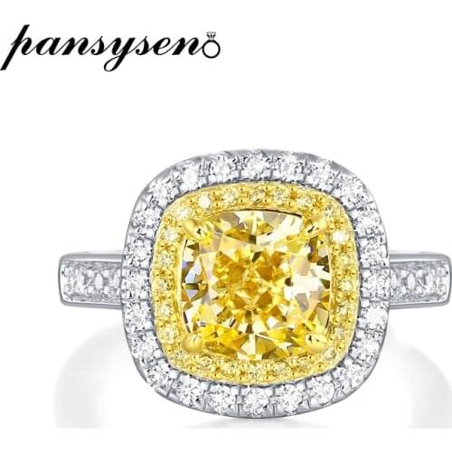 PANSYSEN Luxury 4.3ct Citrine Created Moissanite Diamond Engagement Rings Female Solid 925 Silver Resizable Couple Wedding Ring