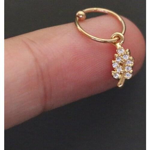 1 PCS Cute Small Micro Pave CZ Leaf Shape Charm Ear Cartilage Cuff Gold Color Steel Piercing Circle Earring Ear Hoop Jewelry