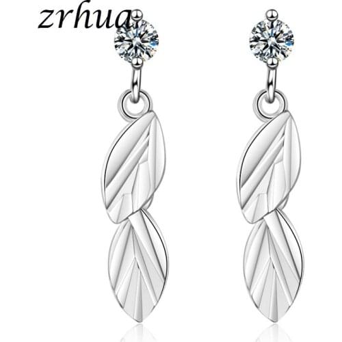 ZRHUA 100% Silver Color Earrings Long Drop Earring for Women Gifts Elegant Dangle Leaf Brincos Classic Wedding Jewelry