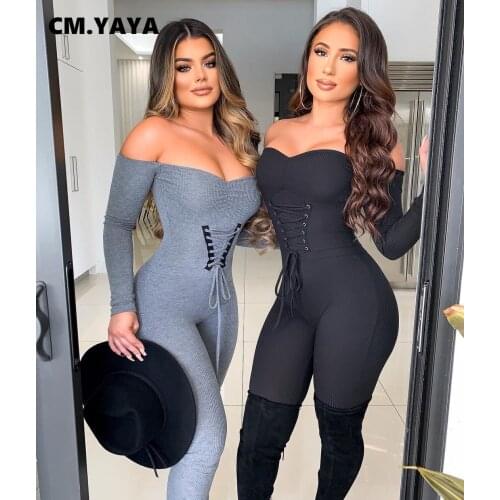 CM.YAYA Off Shoulder Bodycon Elastic Jumpsuit Women Vintage Streetwear One Piece Overall Romper Full Sleeve 2021 Spring Winter