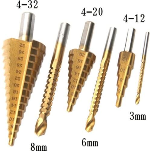 4-12mm / 4-20 / 4-32 triangular shank straight groove step drill 3 / 6 / 8 saw drill 6 Piece Set