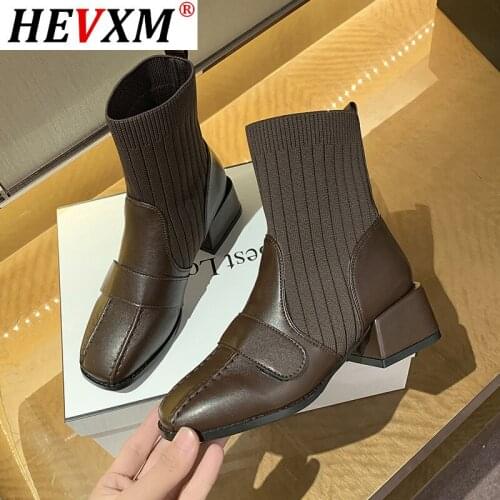 Warm Women Boots Slip-On Square Toe Autumn Knitted Elastic Woman Short Boots Fashion Ankle Boots Womens Soft Leather Shoes