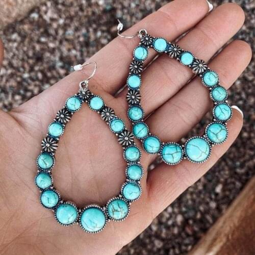 Mosaic Turquoise Stone Hollow Teardrop Drop Earrings for Women Fashion Vintage Silver Boho Jewelry Wholesale