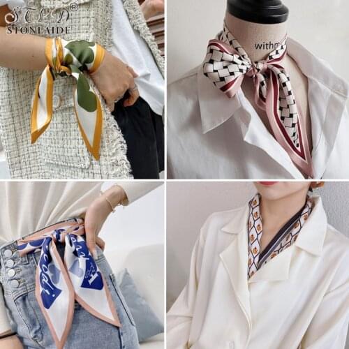 Choice Small Long Imitation Silk Neckerchief Elegance Women Neck Scarfs Letters Printing Travel Scarf Skinny Scarf 87X10CM