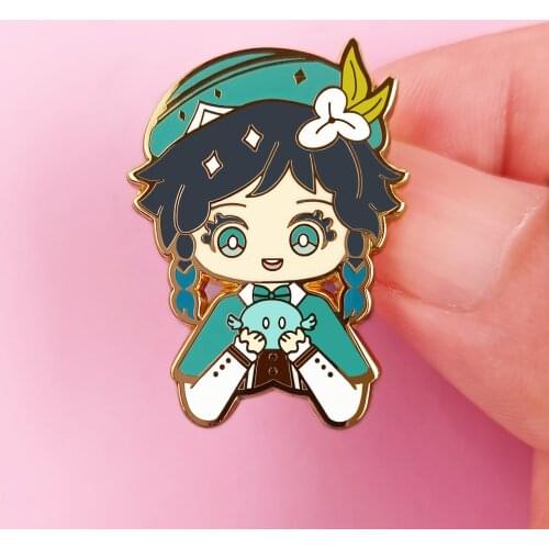 Cute Funny Barbatos Holding Wind Slime Hard Enamel Pin Cute Cartoon Winds God Venti Brooch Genshin Impacts Fans Badge Jewelry