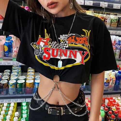 Camisetas Mujer Manga Corta Tshirt Women 2021 Summer New Round Neck Short Sleeve Navel Breathable Print Chain Decorated T-Shirt