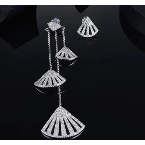 SLJELY 925 Sterling Silver Asymmetrical Fan Shaped Long Drop Earrings Full CZ Zircon Women Party Luxury Brand Jewelry CROISETTE