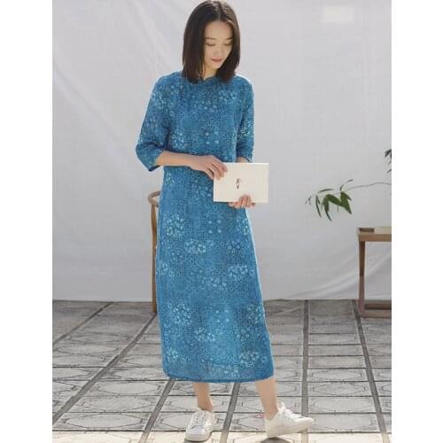 SCUWLINEN Vintage Chinese Improved Cheongsam Print Stand-collar Back Slit Slim Long Ramie Dress 2020 Spring Summer Women Dresses