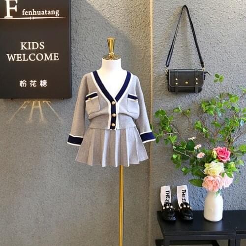 2021 Baby Girls Overcoat Spring Autumn Children Sweater Girl Knitting Cardigan Top Short Skirt Two-piece Suits for 4 6 7 10 12 Y