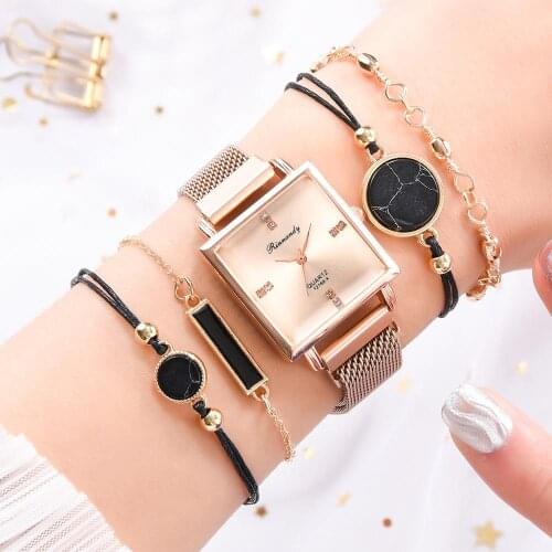 Square Dial Design 5pcs Women Watches Luxury Fashion Dress Quartz Watch Ulzzang Popular Brand White Ladies Rose Gold Wristwatch