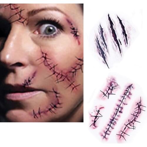 HOT!! 50pcs/ lot Waterproof Zombie Scars Tattoo Sticker Halloween Terror Wound Realistic Blood Injury Scar Fake Tattoo Sticker