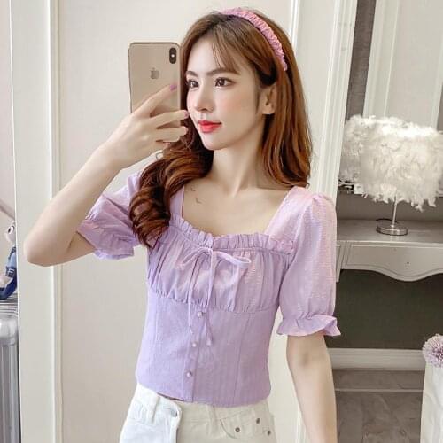 Summer Square Collar Puff Sleeve Ruffled Shirt Flow Clothing Blouse Women Blusas Ropa De Mujer