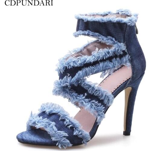 CDPUNDARI Fashion Denim Women Super High heel Sandals Ankle zipper Fringe sandals summer shoes woman