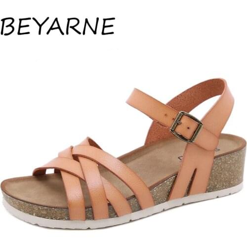 BEYARNE Wedges Shoes For Women High Heels Sandals Summer Non-slip Beach Shoes Female Platform Cross Bandage Cork Rome Sandals