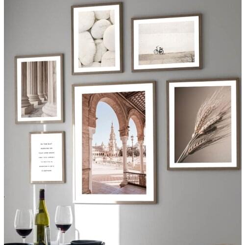 Spain Plaza Columns Wheat Straw White Stones Bike Nordic Poster Wall Art Print Canvas Painting Decor Pictures For Living Room