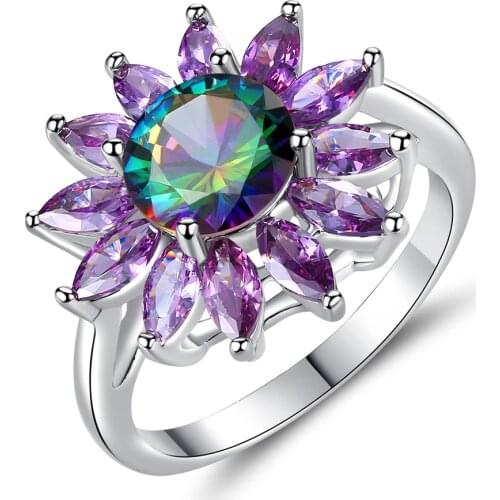 MOONROCY CZ Rings Silver Color Crystal Ring Purple Sunflower Hyperbole Party Jewelry for Women Girls Dropshipping Wholesale