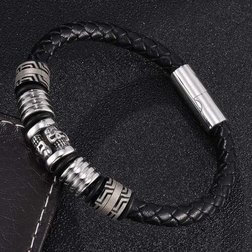 New 6mm Braided Black Leather Bracelet Men Stainless Steel Beaded Accessories Personality Magnetic Buckle Male Woven Bracelets