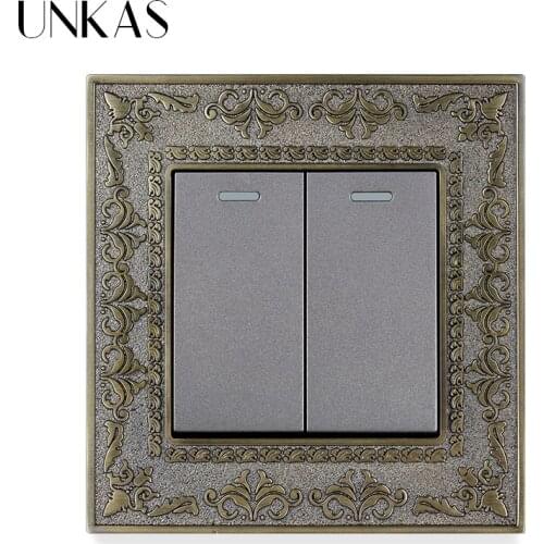 UNKAS 2 Gang 1 Way / 2 Way Wall Light On / Off Switch Grey 4D Embossing Panel Retro Zinc Alloy Luxury Pass Through Gray