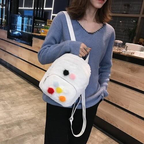 Sweet Colorful Hairball Faux Fur Backpack Soft Teenager Girls Plush School Bag Pack Women Cute Small White Black Backpack 2019