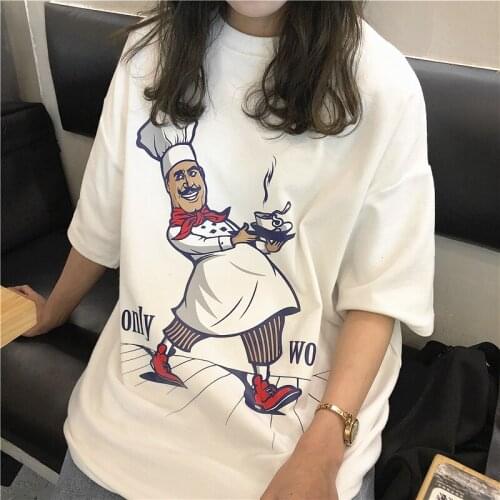 Round Neck Chef Printed Loose Short Sleeve T-shirt Womens Tshirts Ulzzang Chic Kawaii Girl Female Cute Harajuku Tunic For Women
