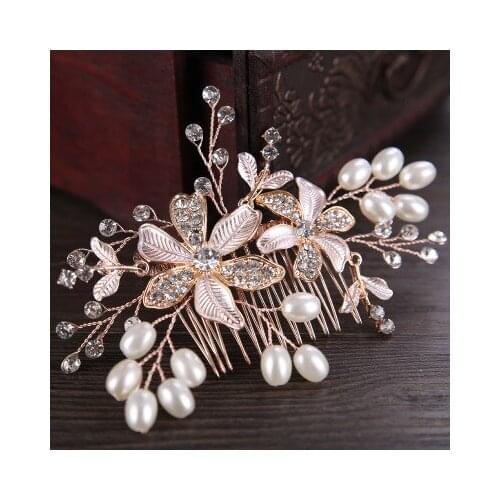 Rose Gold Pearl Crystal Wedding Hair Combs Hair Accessories for Bridal tiara Flower Headpiece Women Bride Hair ornaments Jewelry