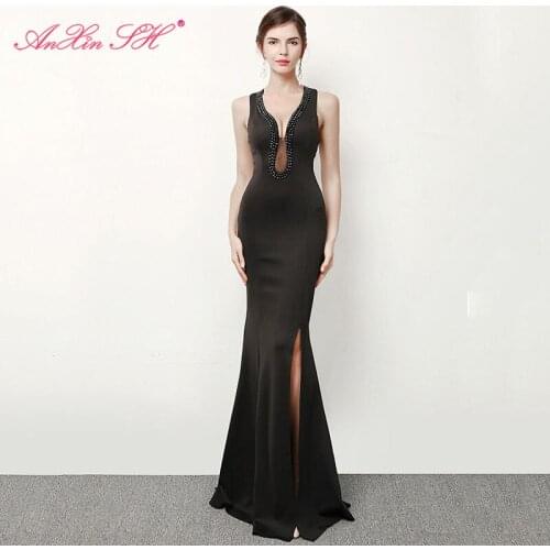 AnXin SH vintage black satin mermaid evening dress Princess v neck beading crystal blue illusion trumpet red evening dress 1493