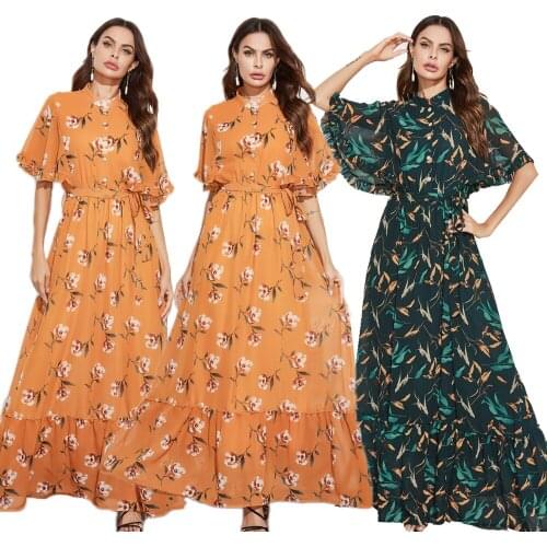 Vintage Fashion Women Maxi Dress Short Sleeve Ruffle Farasha Button Party Dresses Pleated Floral Print Swing Holiday Sundress