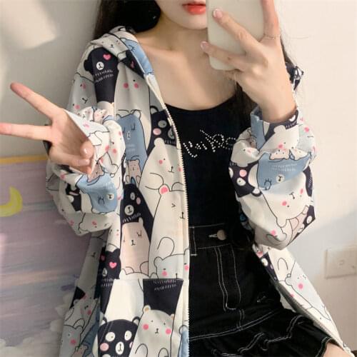 Cute Cat Cartoon Hoodie Women Zipper Harajuku Sweatshirts Japan Kawaii Casual Pullovers Tops Gothic Oversize Amine 2021 Hoodies