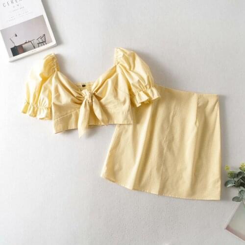 2 piece set women summer new style fashion retro check printed chest lace-up short top + high waist skirt two piece set