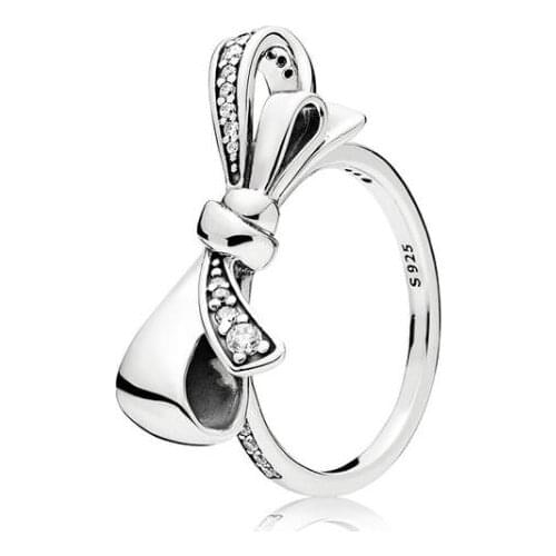 Authentic 925 Sterling Silver Pan Ring Brilliant Bow With Crystal Rings For Women Wedding Party Gift Fine Jewelry