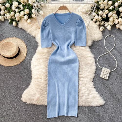 ALPHALMODA 2021 Summer Puff-sleeved Women Solid Casual Knitting Dress Short-sleeved Pullover Stretchy Trendy Dress