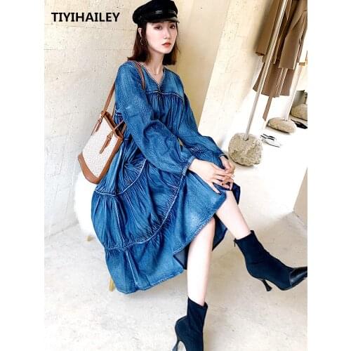 TIYIHAILEY Free Shipping Fashion Vintage Women Long Mid-calf Long Lantern Sleeve Denim Cotton M-XL Dresses A-line Loose Dress