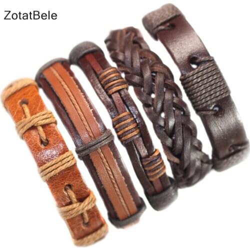 2019 5Pcs Vintage Leather Bracelets Charm Multilayer Braid Wrap Bracelets Bangles Male Rope Chain Wholesale Men Jewelry F71