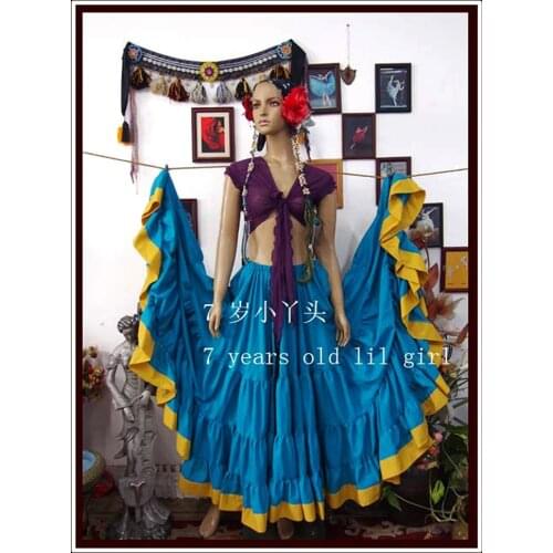 7years Old Lil Girl 2021Cotton 25 Yard 4 Tiered Satin Skirt Belly Dance GYPSY Rock Tribal Flamenco 9EX33