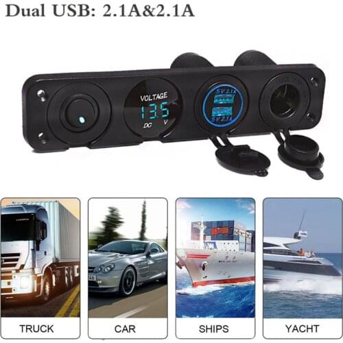 12V Power Socket 4 In 1 Car Cigarette Lighter Digital Voltmeter Dual Usb Power Charger With Rocker Switch Dustproof Waterproof